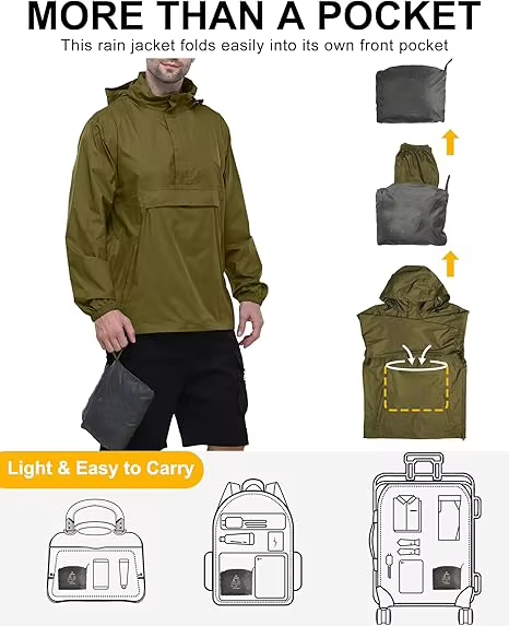 Waterproof Pullover Lightweight Hooded Rain Jacket for Men Packaway Breathable Windproof Windbreaker Outdoor for Camping Hiking