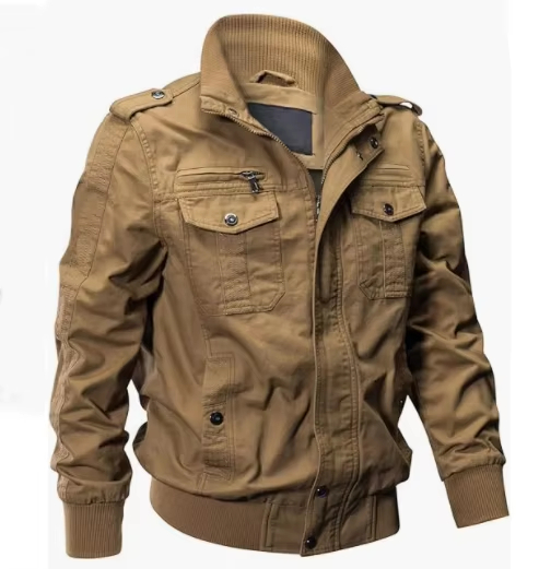Men's Cotton Lightweight Multi-pocket Zipper Front Stand-up Jacket Windproof Casual Stand-up Collar Vintage Cargo Coat