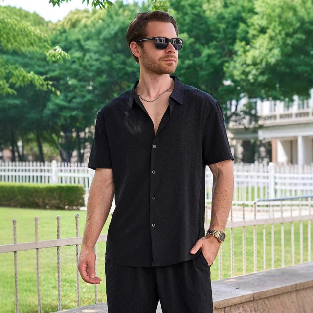 European & American Style New Men's Short Sleeve Jacquard Lapel Cardigan Shirt - Casual Loose Fit for Outdoor & Daily Wear