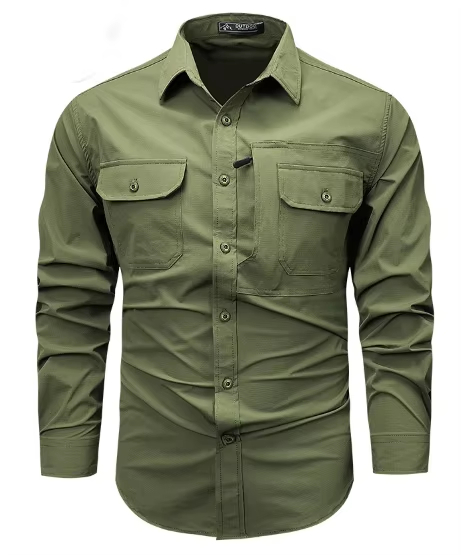 Men's Casual Loose Long-sleeved Shirt for Spring and Autumn Large-size Solid Color Outdoor Cargo Shirt