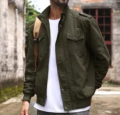 Lightweight Jacket Cargo Windbreaker Zip Front Stand Collar Cotton Jackets With Multi Pockets