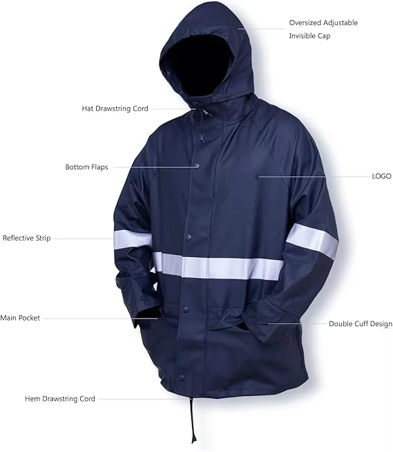 Men's Wind and Waterproof PU Work Raincoat Rain Pants Set With Highly Reflective Tape