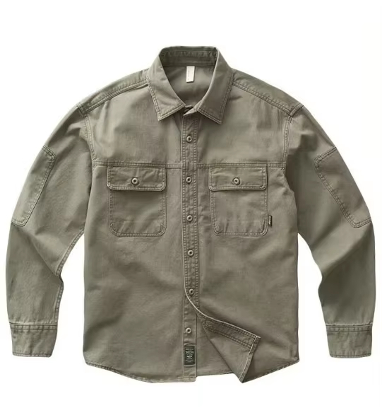 Vintage Heavy Cargo Shirt Men's Thick Twill Loose American Casual Shirt
