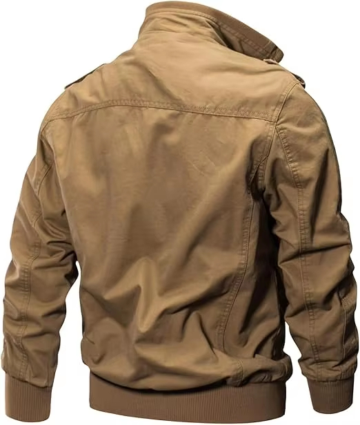 Men's Cotton Lightweight Multi-pocket Zipper Front Stand-up Jacket Windproof Casual Stand-up Collar Vintage Cargo Coat