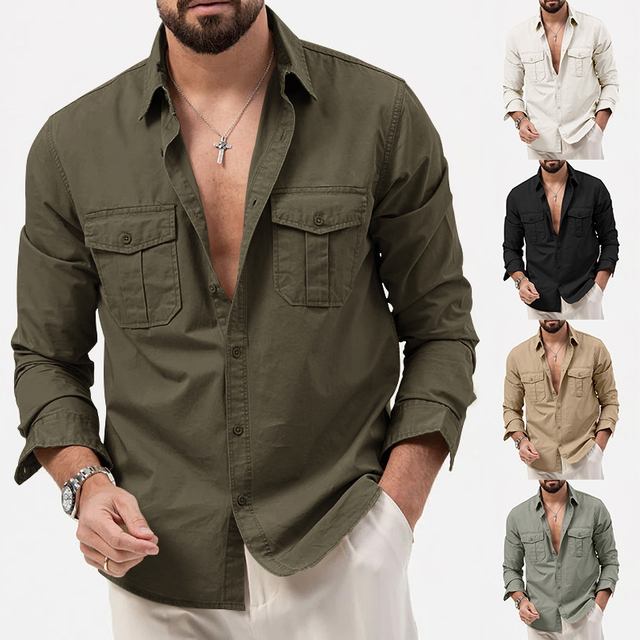 Button Down Collar Shirt Casual Men's Shirts with Long Sleeves for Hiking Fishing Walking Traveling