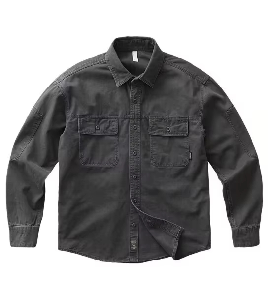 Vintage Heavy Cargo Shirt Men's Thick Twill Loose American Casual Shirt