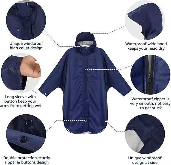 Hot Style Long Lightweight Windproof Waterproof Unisex Poncho Raincoat With Hood and Sleeves for Women and Men