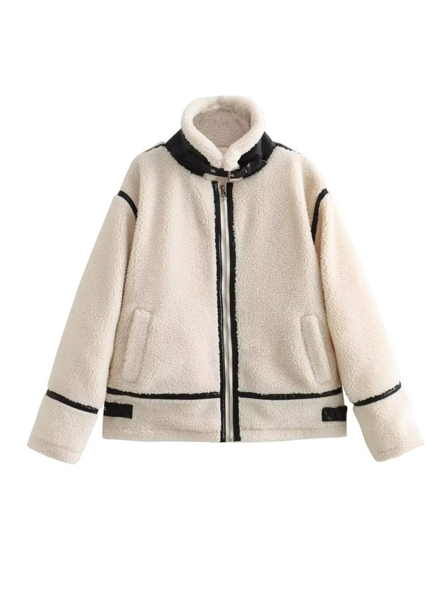 Vintage Loose Thickened Long-Sleeved Faux Fur Lamb Zipper Jacket Winter Coat for Women