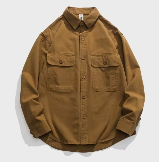 Fashionable American Men's Vintage Long-sleeved Cargo Shirt for Outdoor Hiking Fishing Camping