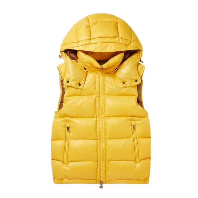 Yellow Padded Shiny Outdoor Sleeveless Glossy Unisex Down Hooded Puffer Bubble Vest Gilet